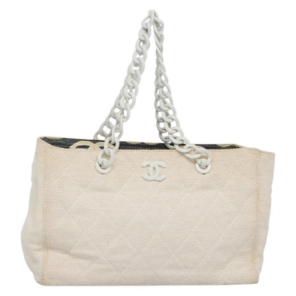 Chanel CC Resin Chain Tote Quilted Raffia, WHITE, WOOD, Tote bag