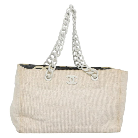 Chanel CC Resin Chain Tote Quilted Raffia, WHITE, WOOD, Tote bag