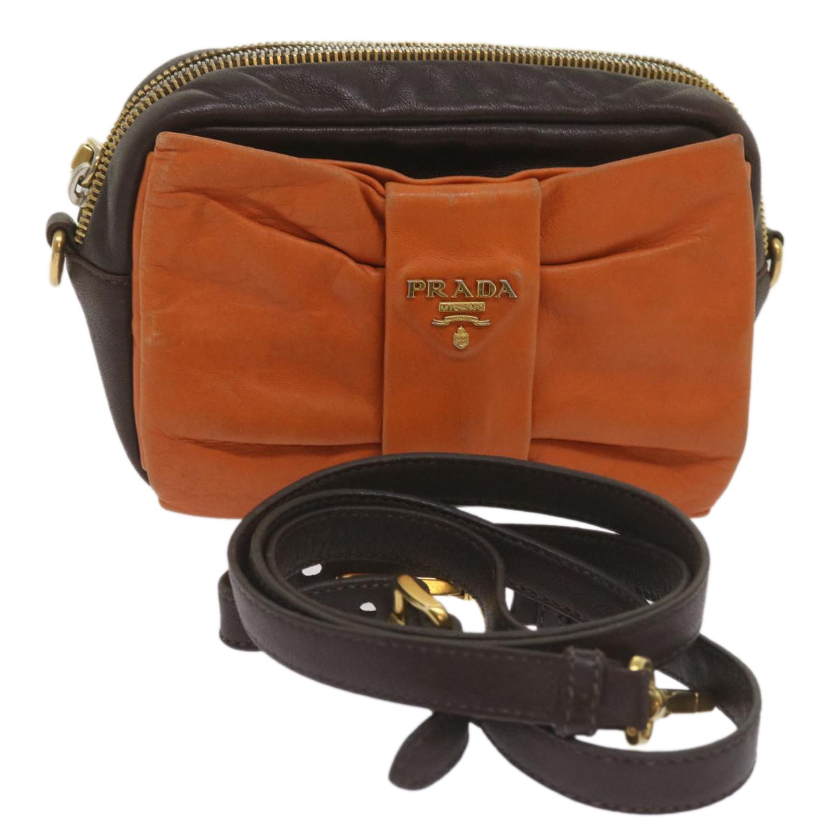 Prada Bow Camera shoulder Bag Leather, ORANGE, LEATHER, Shoulder bag