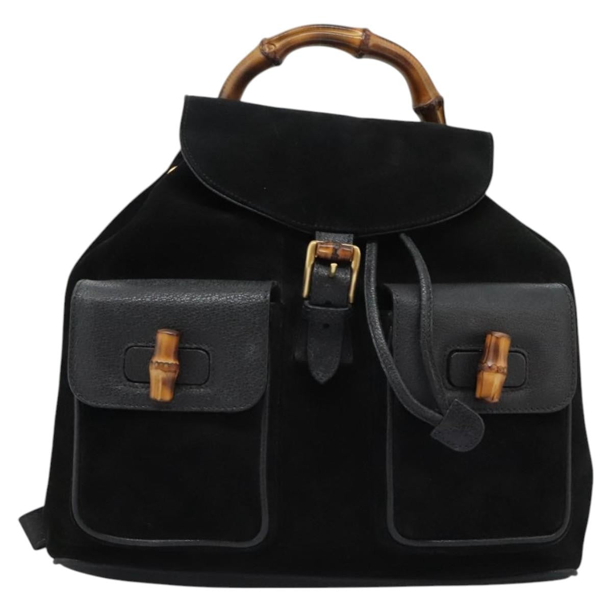 Gucci Vintage Bamboo Backpack Suede and Leather, Black, Suede, Backpack