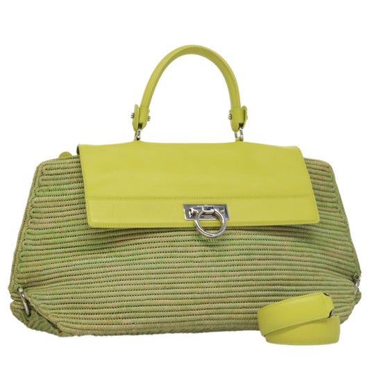 Salvatore Ferragamo Sofia Satchel Raffia with Leather, GREEN, WOOD, Handbag