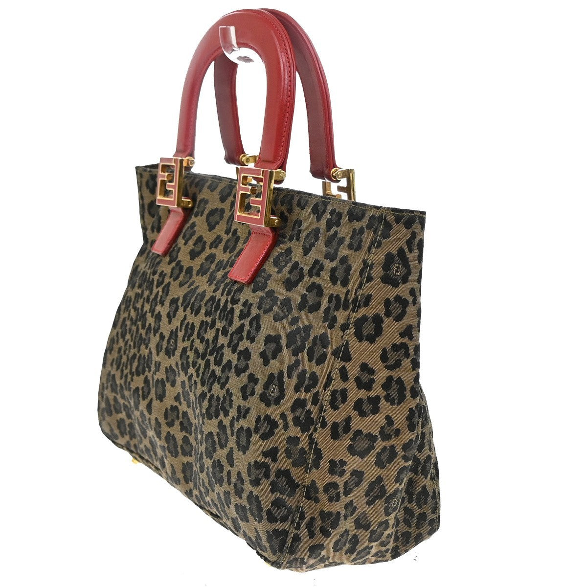 Fendi Vintage FF Handle Tote Leopard Print Jacquard, BROWN, CANVAS, Handbag