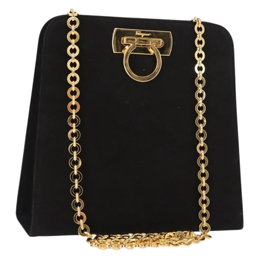 Salvatore Ferragamo Vintage Gancini Chain Shoulder Bag Suede, BLACK, SUEDE, Shoulder bag