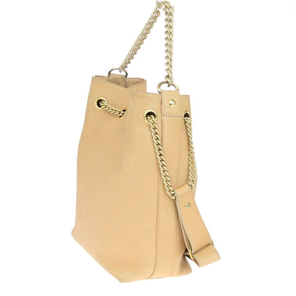 Chanel On My Shoulder Drawstring Bag Quilted Calfskin, BEIGE, LEATHER, Shoulder bag