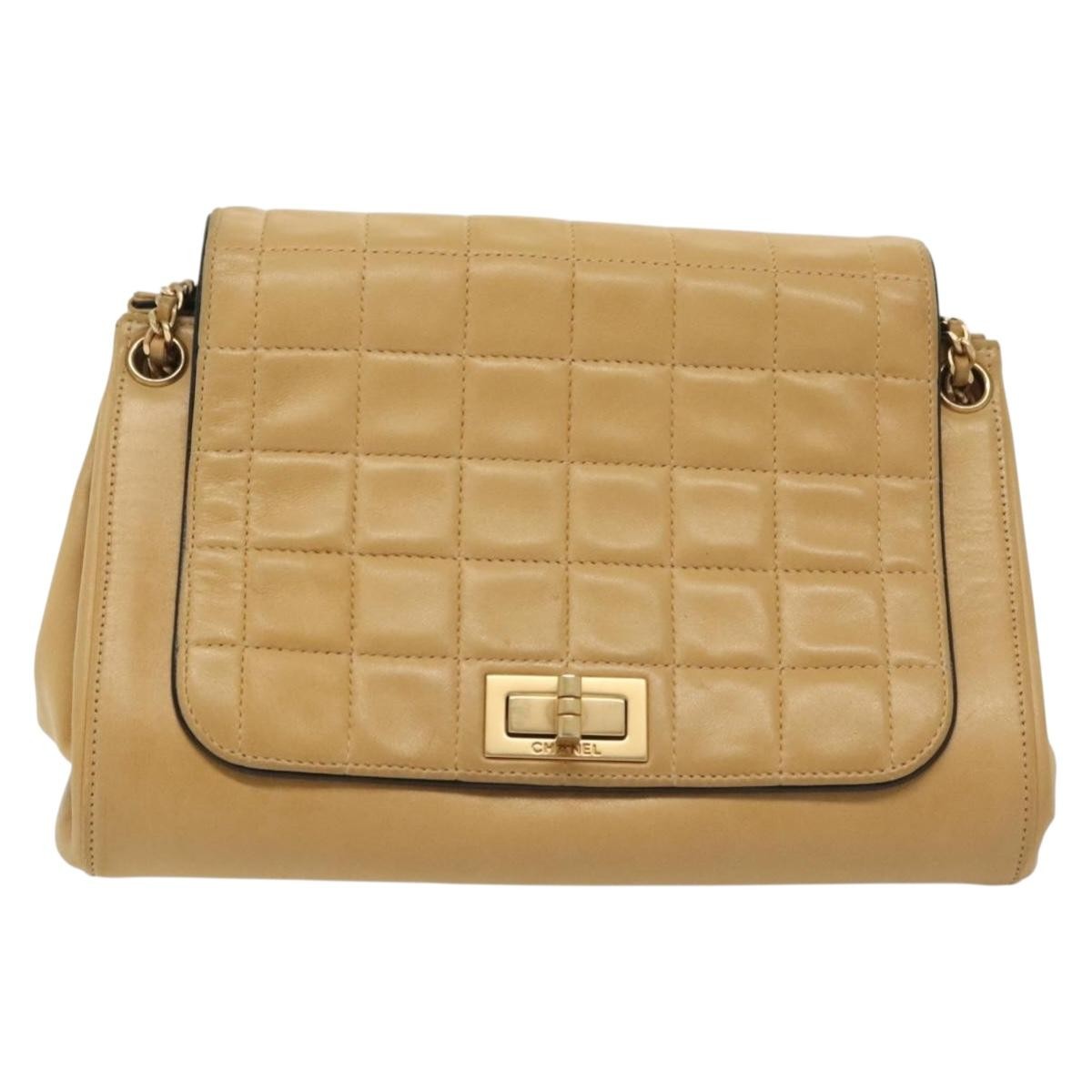Chanel Chocolate Bar Flap Bag Quilted Lambskin, BEIGE, LEATHER, Shoulder bag
