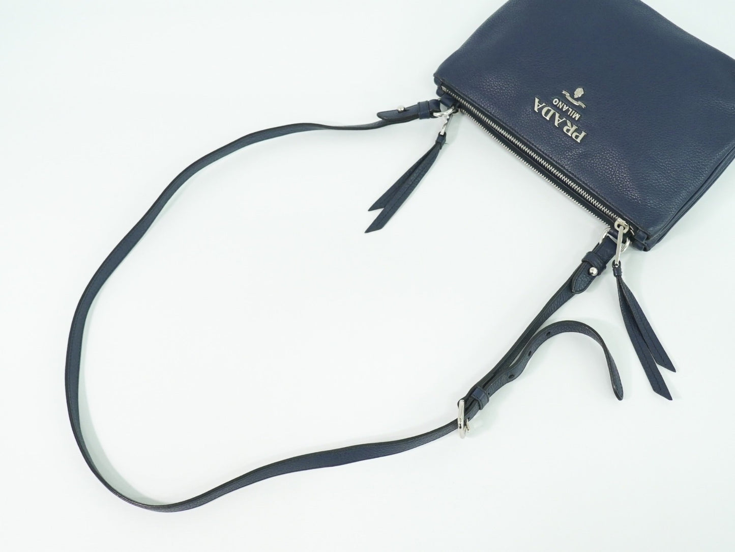 Prada Double Zip Crossbody Bag Vitello Daino, NAVY, LEATHER, Shoulder bag