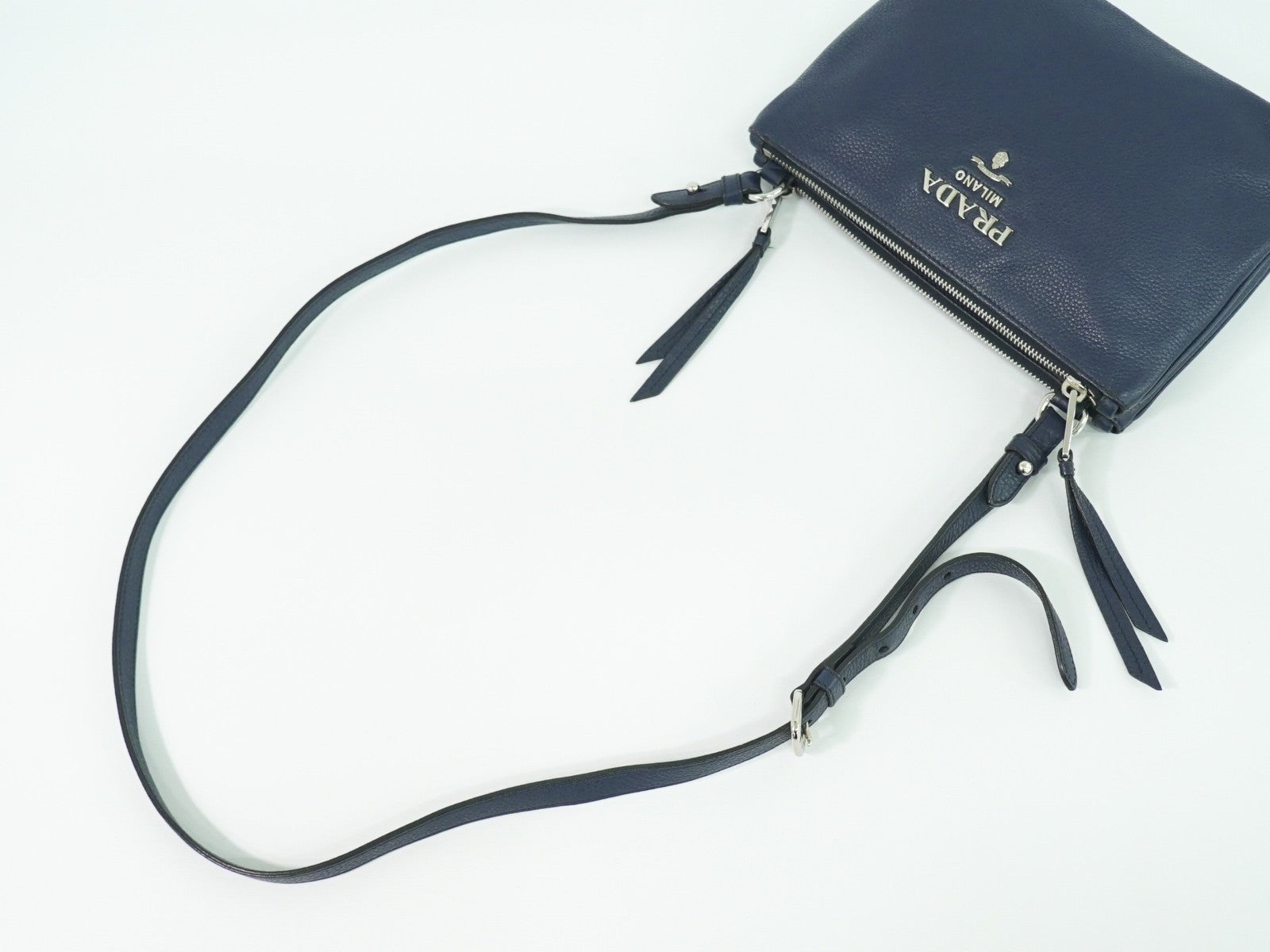 Prada Double Zip Crossbody Bag Vitello Daino, NAVY, LEATHER, Shoulder bag