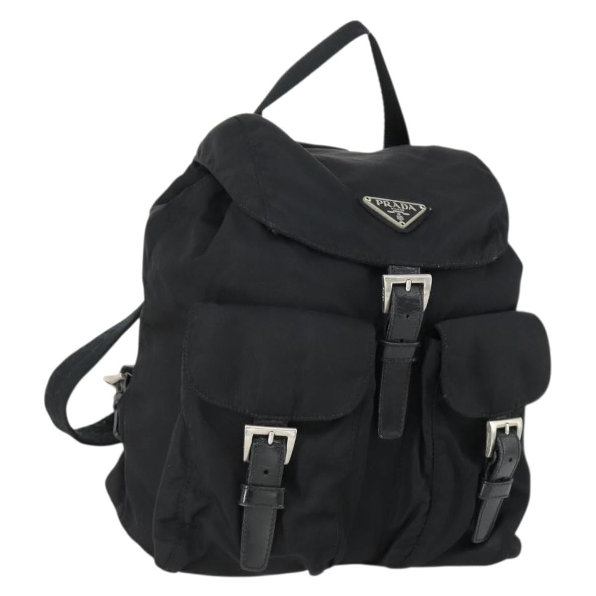 Prada Vela Double Front Pocket Backpack Tessuto with Saffiano Leather, BLACK, NYLON, Backpack