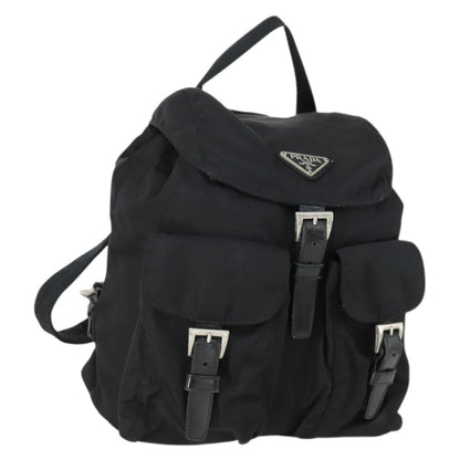 Prada Vela Double Front Pocket Backpack Tessuto with Saffiano Leather, BLACK, NYLON, Backpack