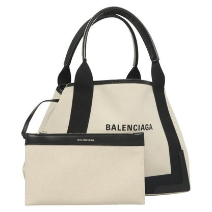 Balenciaga Navy Cabas Canvas with Leather, WHITE, CANVAS, Tote bag