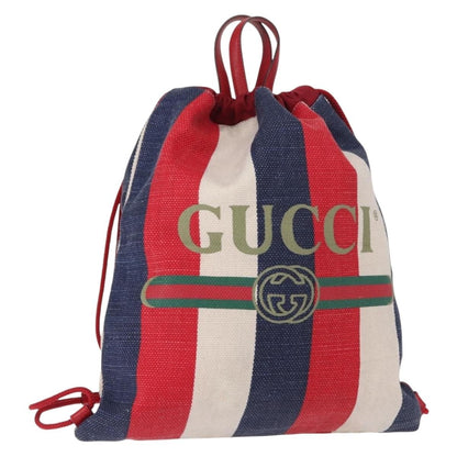 Gucci Logo Drawstring Backpack Striped Canvas, BLUE, CANVAS, Backpack