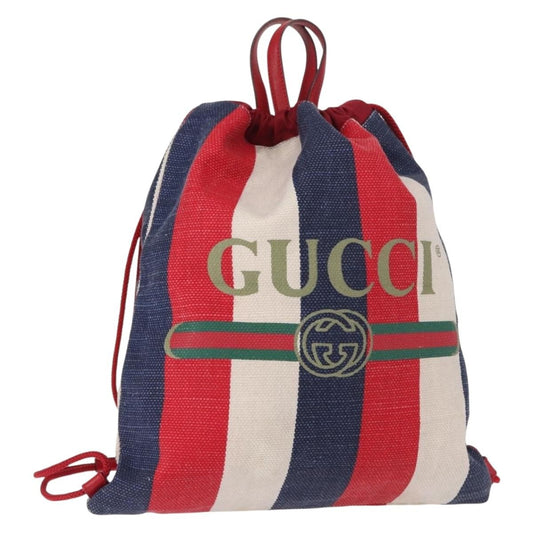 Gucci Logo Drawstring Backpack Striped Canvas, BLUE, CANVAS, Backpack