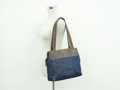 Chanel Vintage CC Tote Denim with Leather, NAVY, DENIM_JEANS, Tote bag