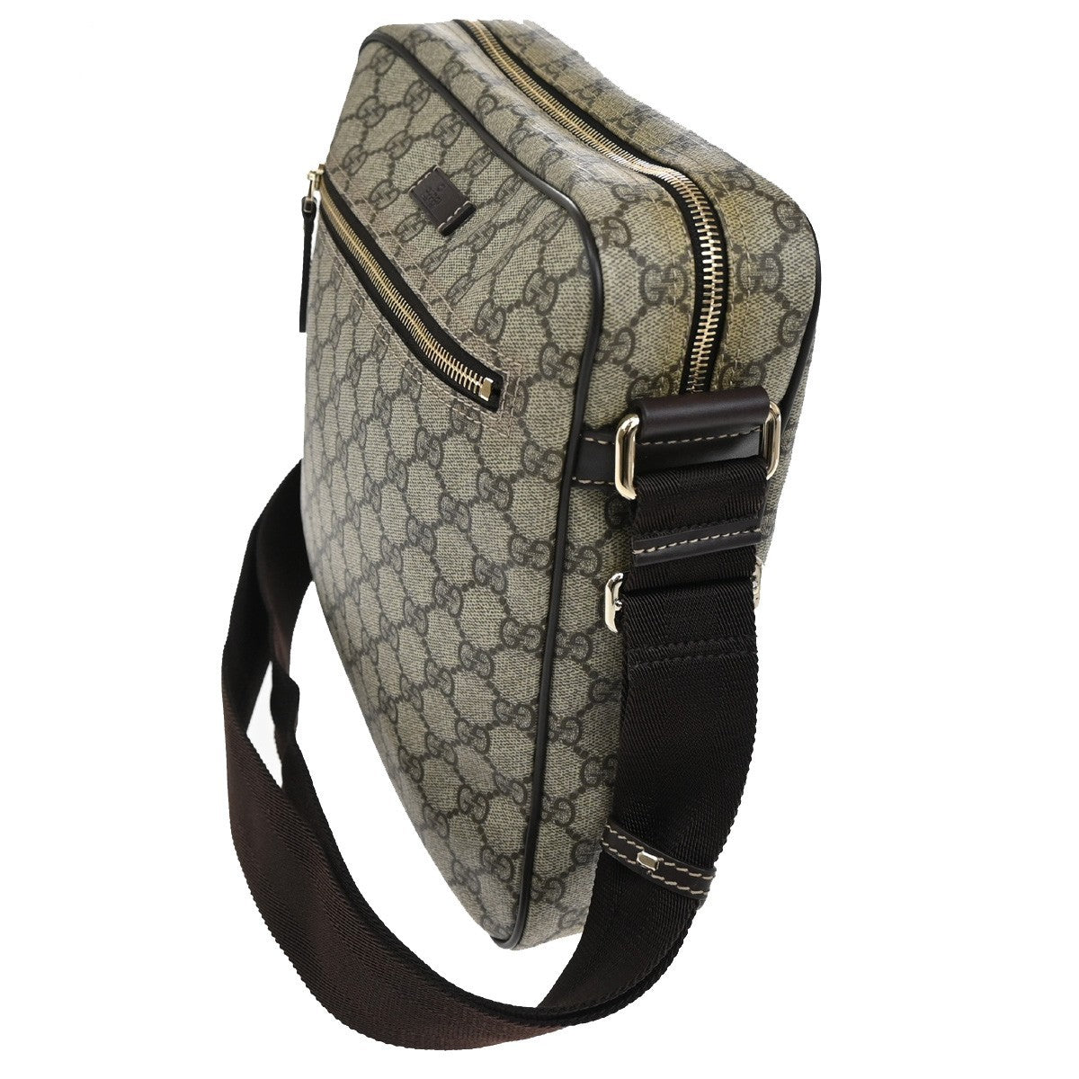 Gucci Front Zip Messenger GG Coated Canvas, BROWN, CANVAS, Shoulder bag