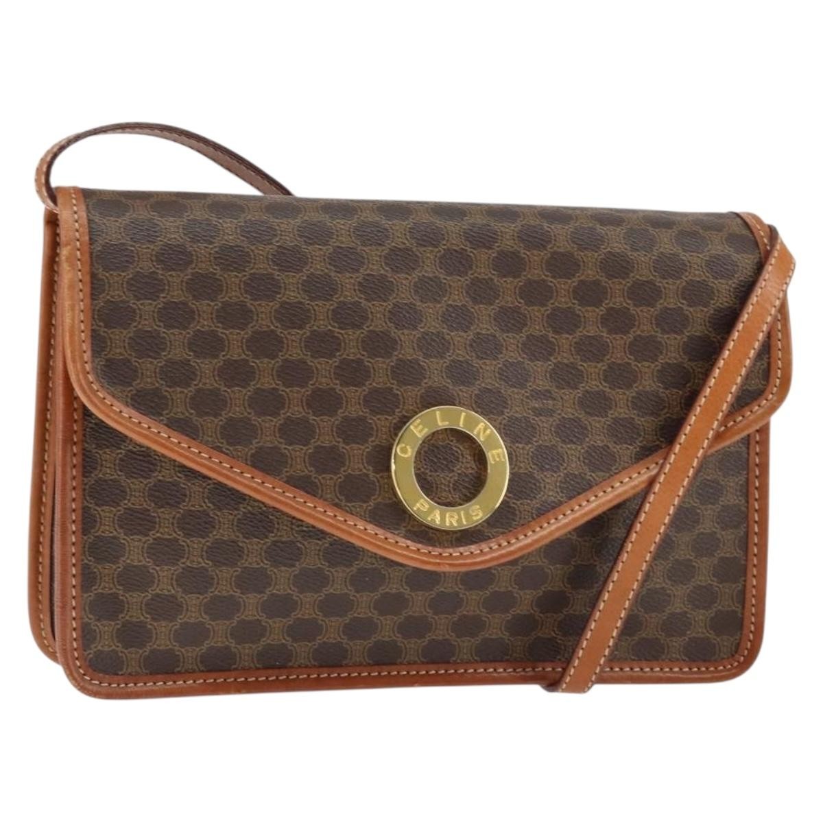 Celine Vintage Macadam Circle Logo Shoulder Bag Canvas and Leather, BROWN, CANVAS, Shoulder bag