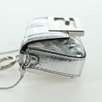 Fendi Chain Baguette Charm Bag Zucca Embossed Leather, SILVER, CANVAS, Clutche & pouche
