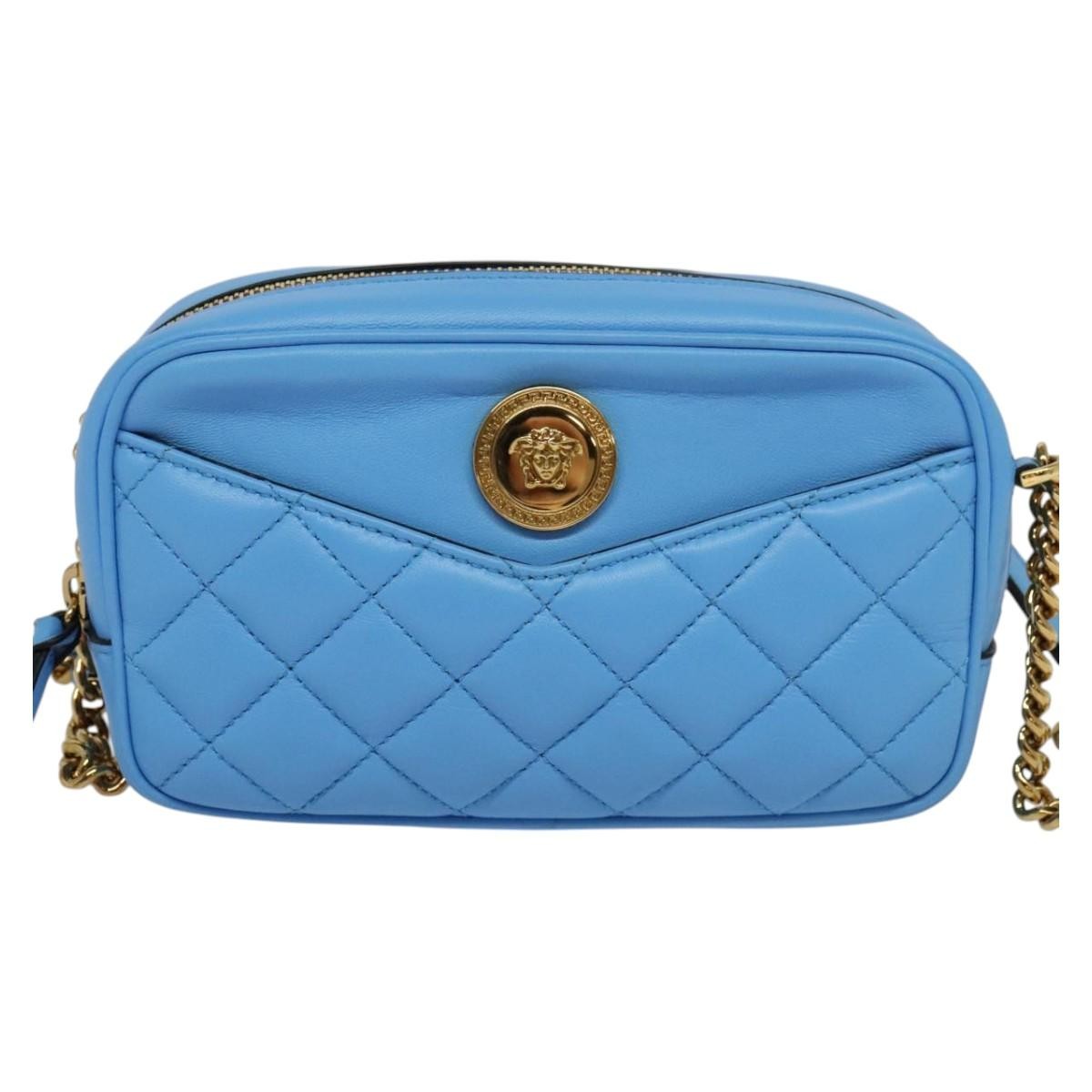 Versace Medusa Icon Front Slip Pocket Camera Bag Quilted Leather, BLUE, LEATHER, Crossbody bag