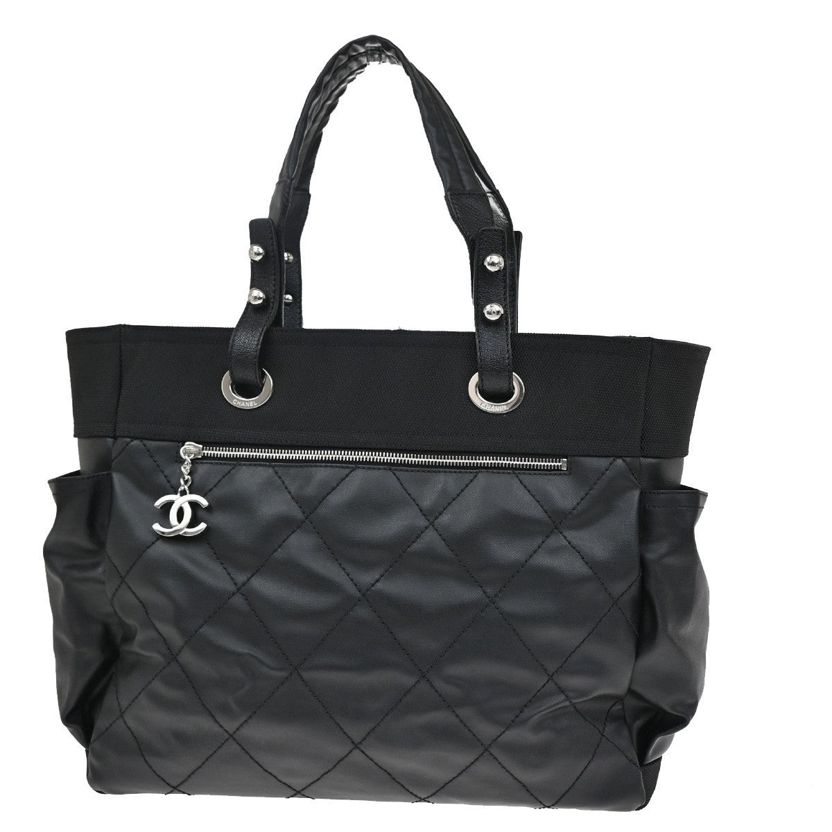 Chanel Biarritz Pocket Tote Quilted Coated Canvas, BLACK, CANVAS, Tote bag