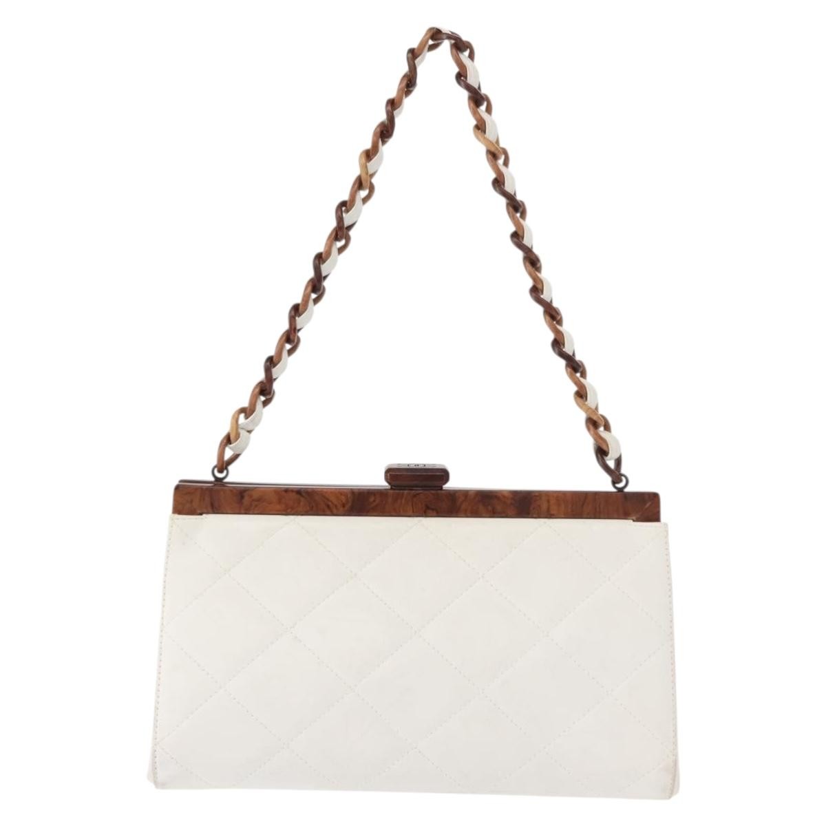 Chanel Wooden Frame Striped Shoulder Bag Leather, WHITE, LEATHER, Shoulder bag