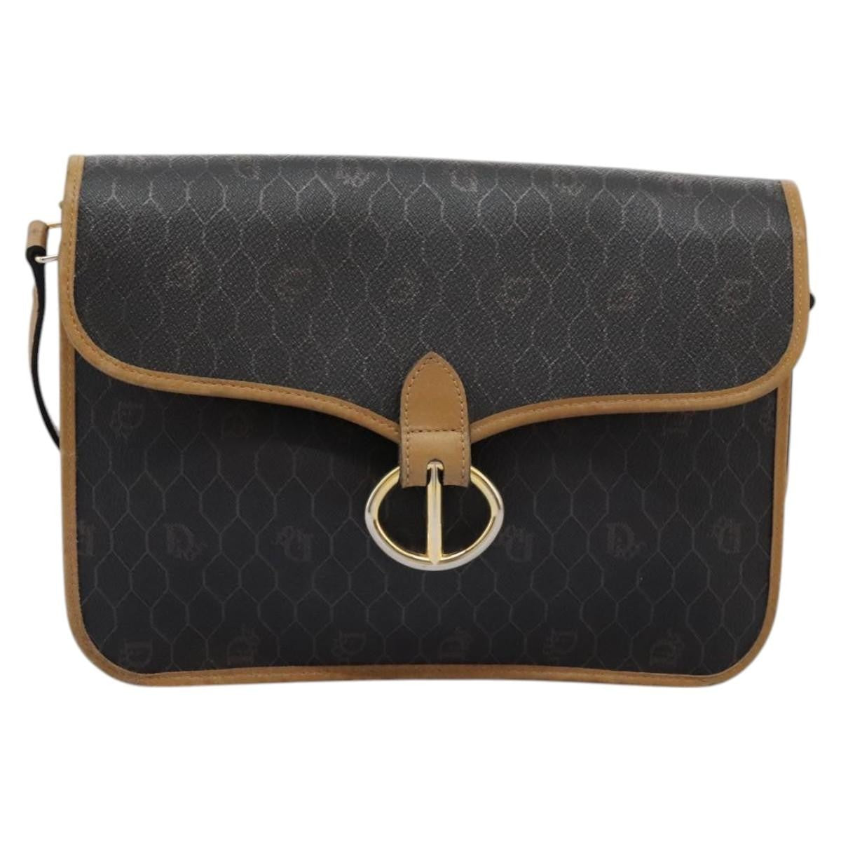 Christian Dior Vintage Honeycomb Flap Crossbody Bag Canvas and Leather, BLACK, CANVAS, Crossbody bag