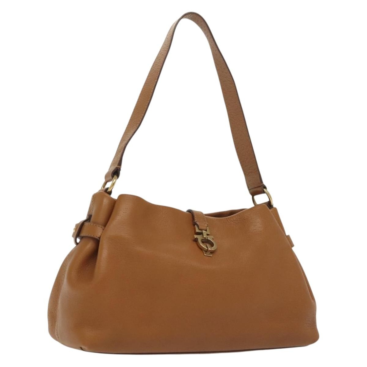 Salvatore Ferragamo Gancini Shoulder Bag Leather, BROWN, LEATHER, Handbag