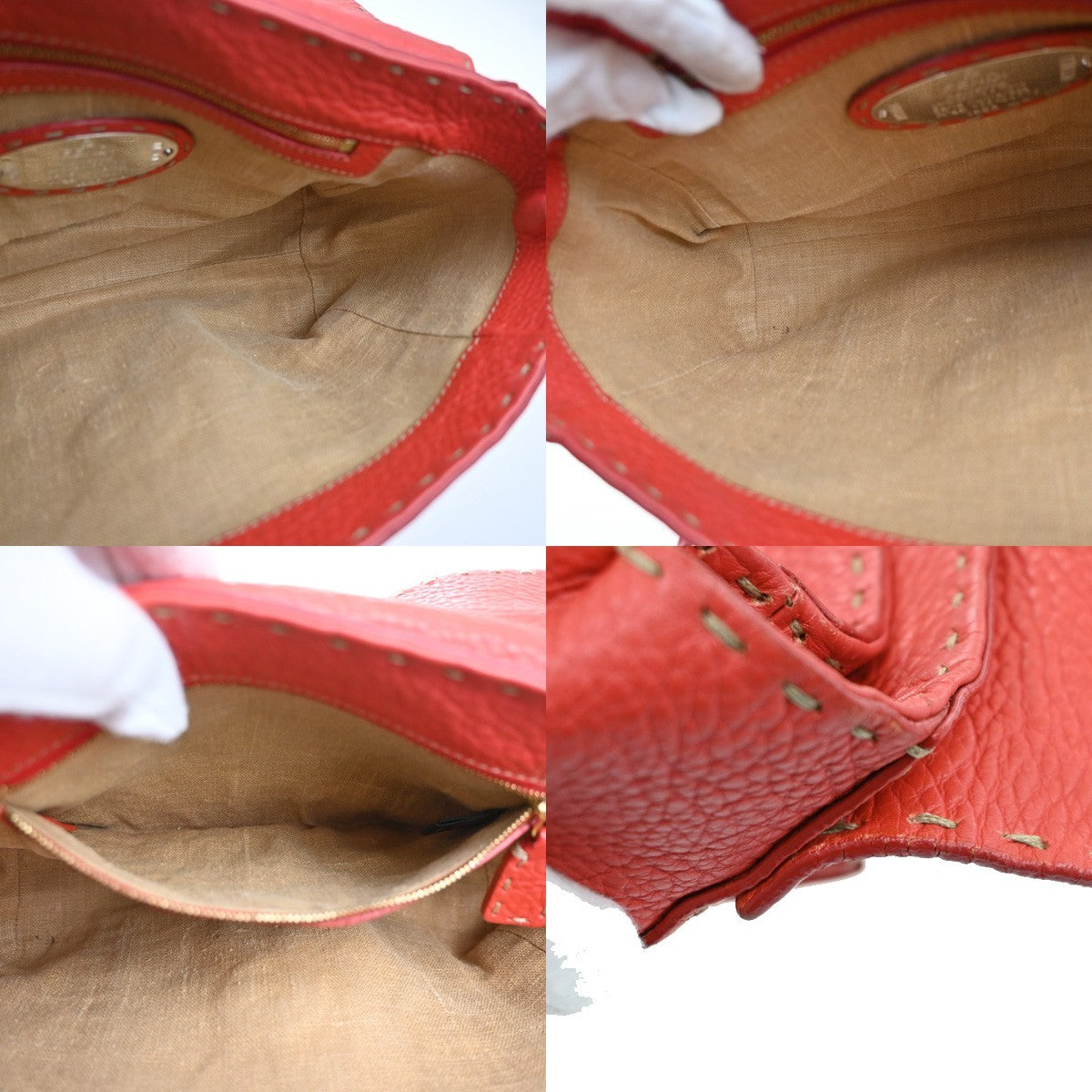 Fendi Selleria Linda Satchel Pebbled Leather, RED, LEATHER, Handbag