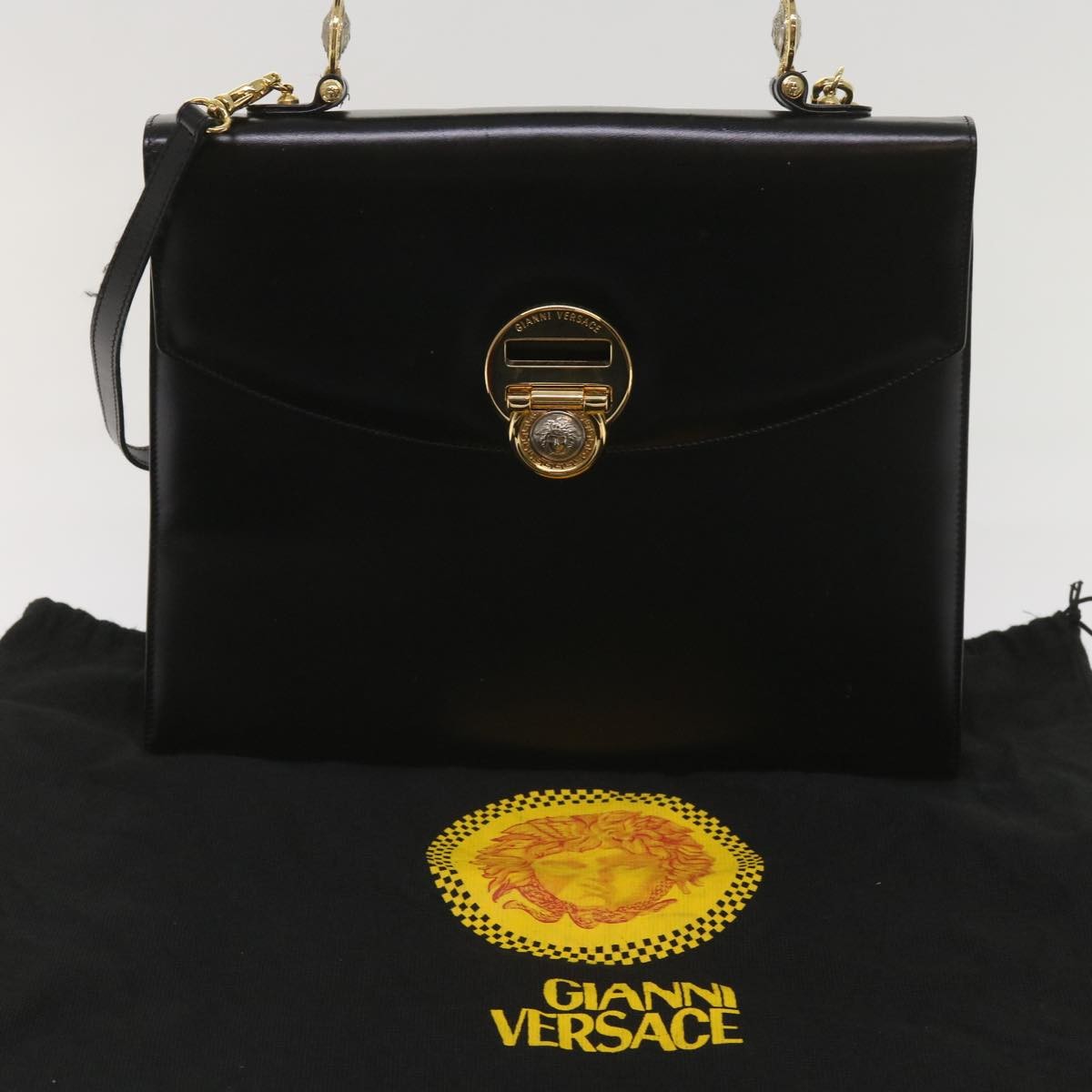 Versace Vintage Convertible Medusa Top Handle Bag Leather, BLACK, LEATHER, Handbag