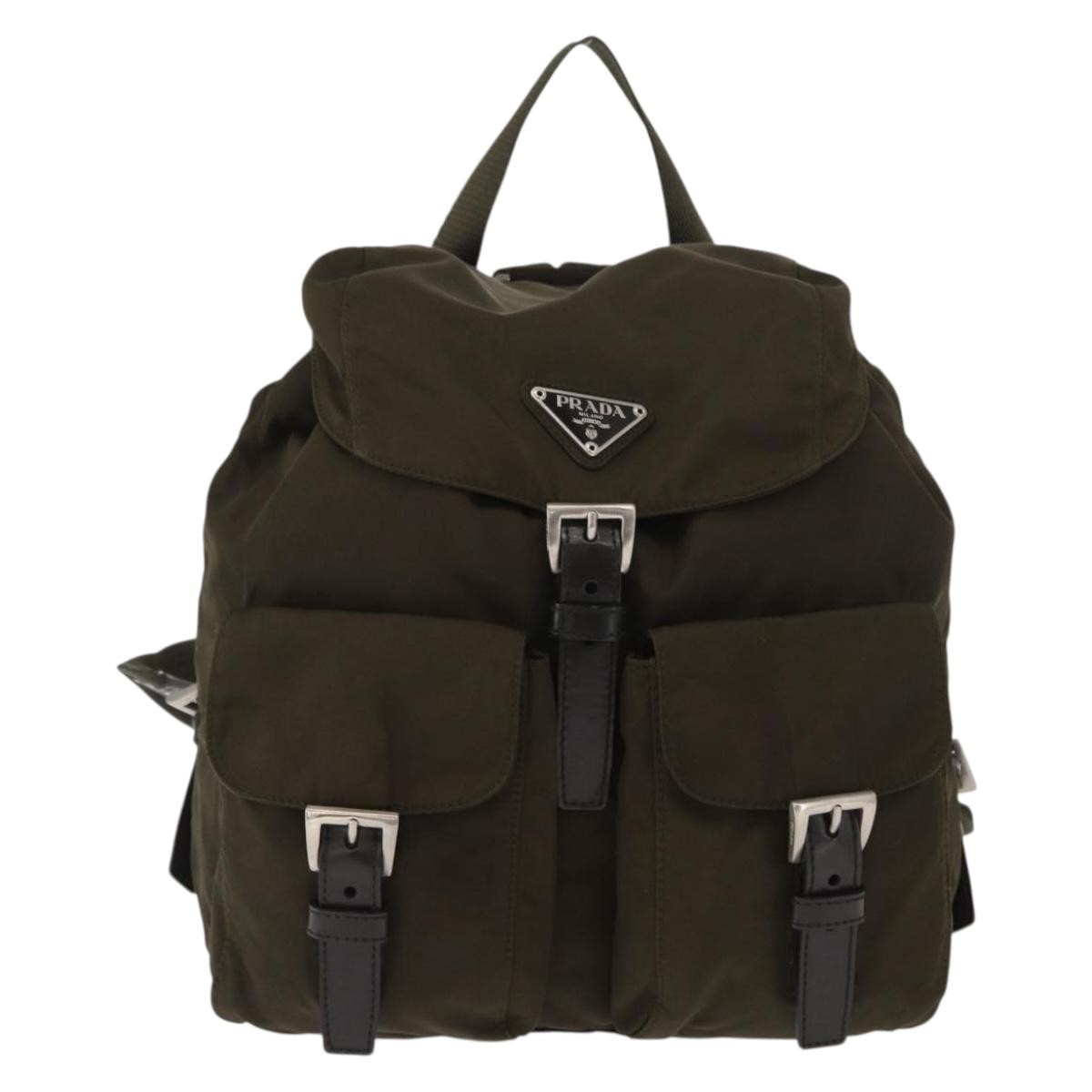 Prada Vela Double Front Pocket Backpack Tessuto with Saffiano Leather, KHAKI, NYLON, Backpack