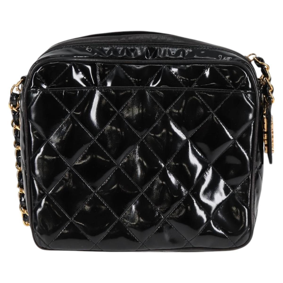 Chanel Vintage Square Front Pocket Camera Bag Quilted Patent, BLACK, PATENT_LEATHER, Crossbody bag