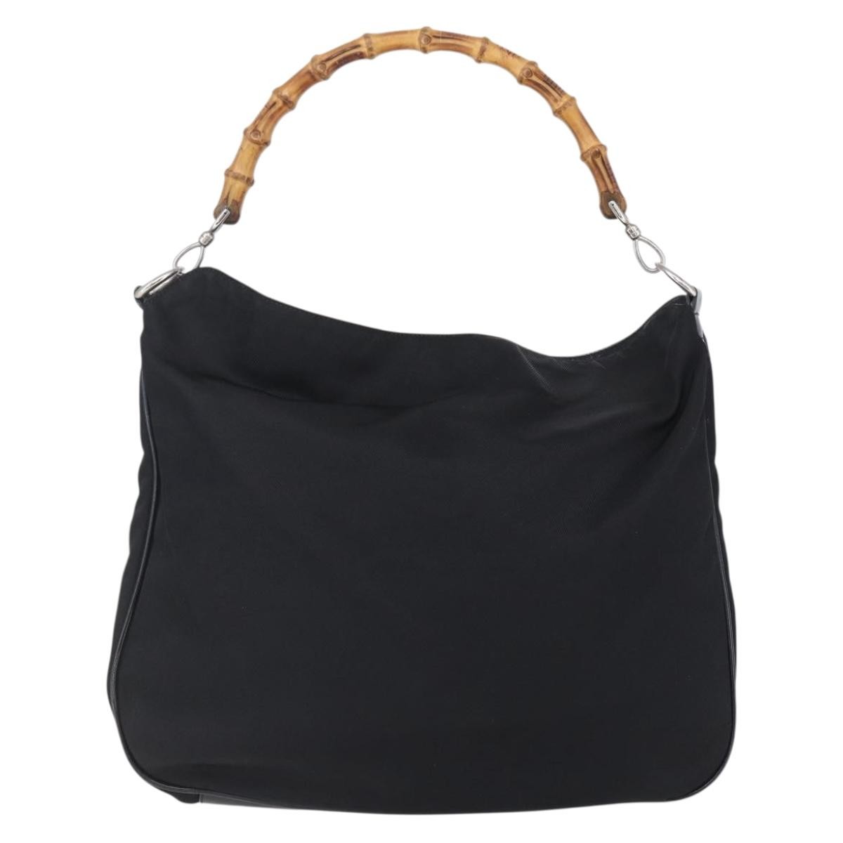 Gucci Vintage Bamboo Handle Open Hobo Nylon, BLACK, NYLON, Handbag