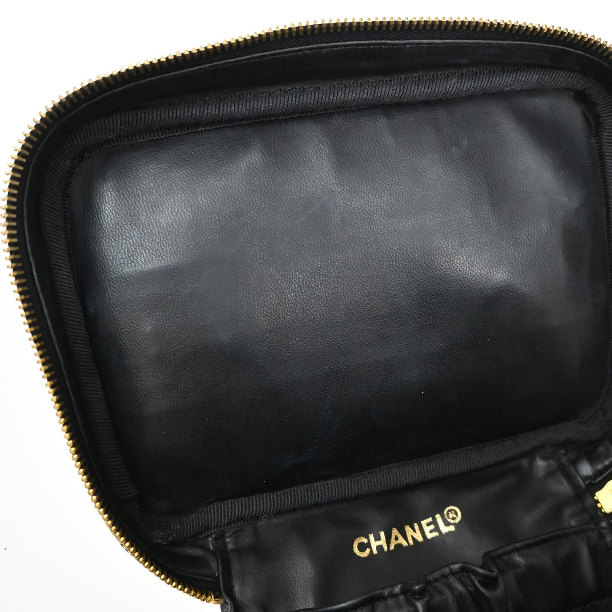 Chanel Vintage Cosmetic Case Leather, BLACK, LEATHER, Handbag