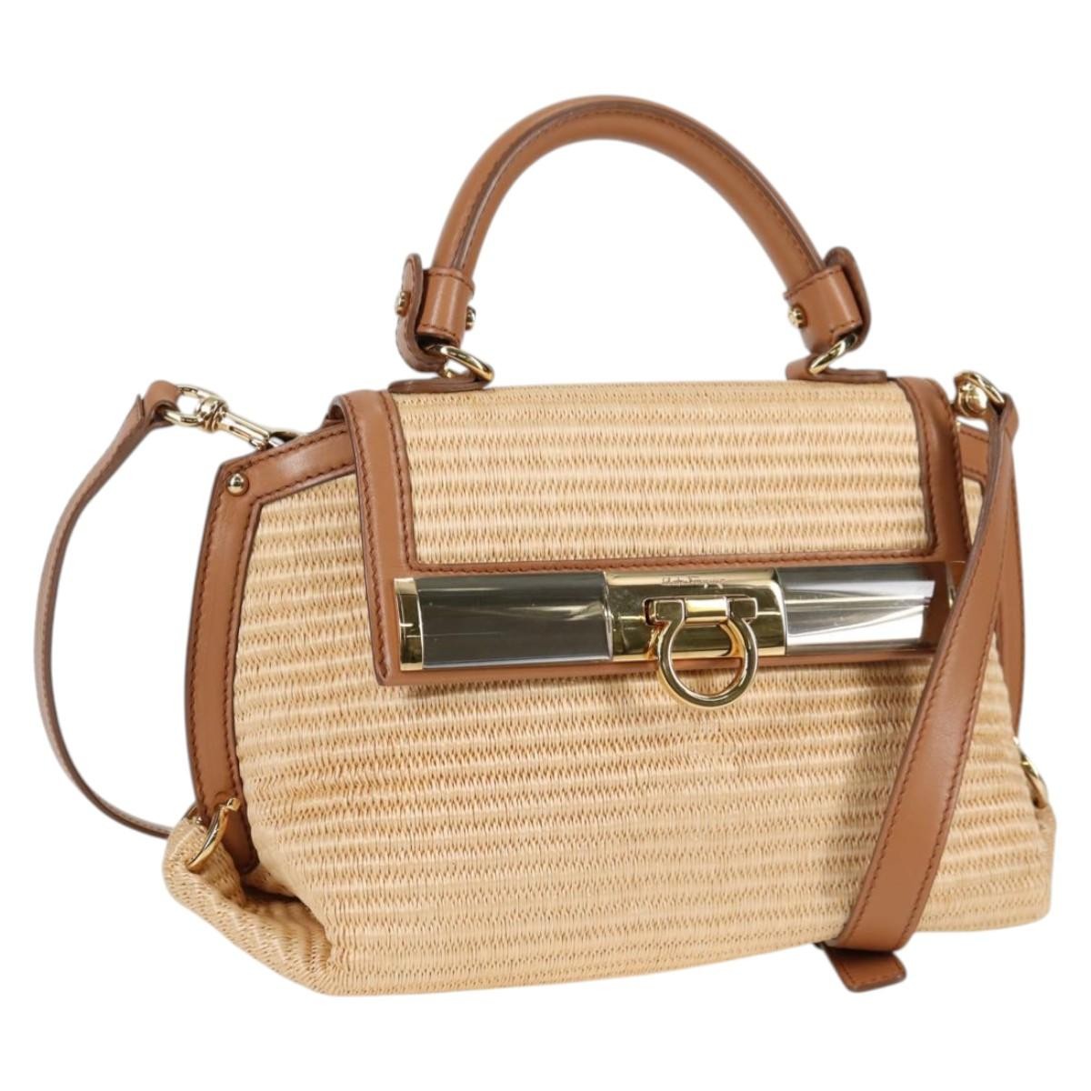 Salvatore Ferragamo Sofia Satchel Raffia with Leather, BEIGE, WOOD, Handbag