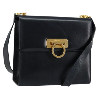 Salvatore Ferragamo Gancini Shoulder Bag Leather, NAVY, LEATHER, Shoulder bag