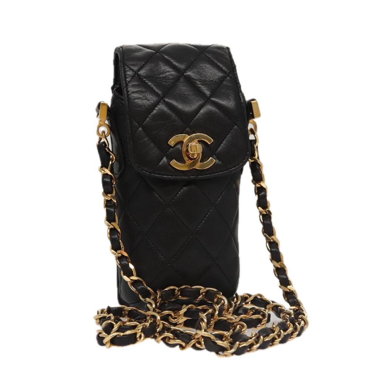 Chanel CC Phone Pouch with Chain Quilted Lambskin, BLACK, LEATHER, Crossbody bag