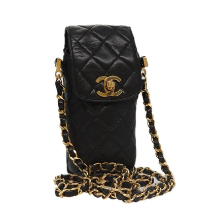 Chanel CC Phone Pouch with Chain Quilted Lambskin, BLACK, LEATHER, Crossbody bag