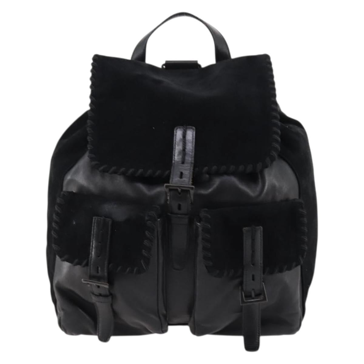 Prada Vela Double Front Pocket Backpack Leather, BLACK, LEATHER, Backpack