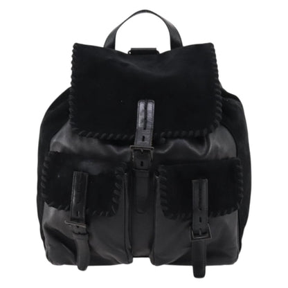Prada Vela Double Front Pocket Backpack Leather, BLACK, LEATHER, Backpack