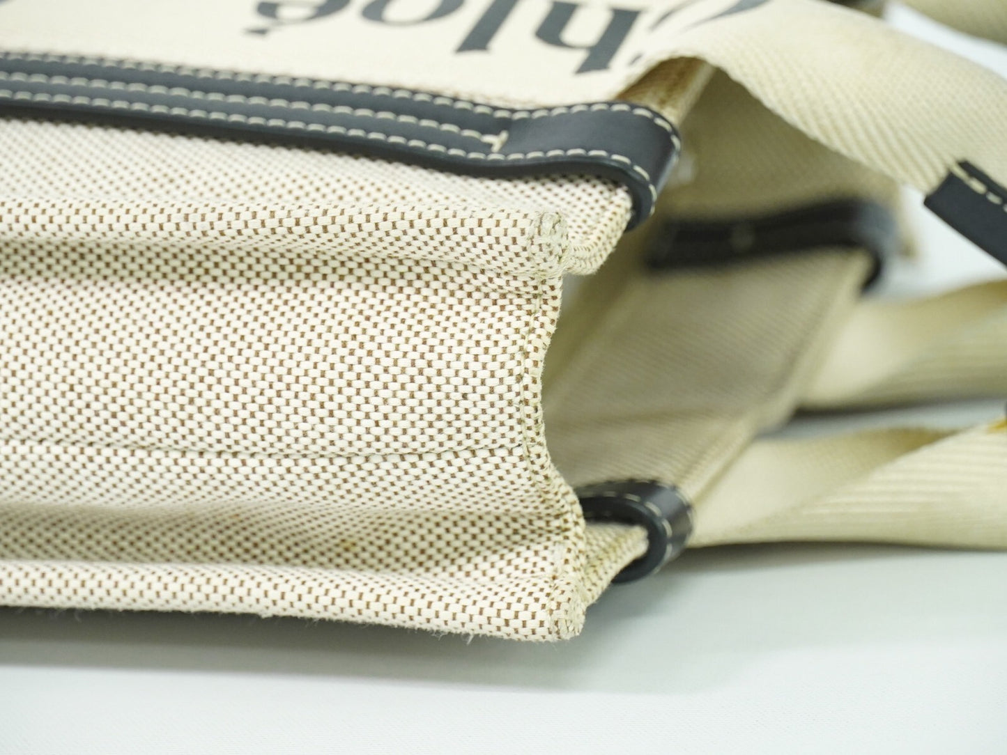 Chloe Woody Tote Canvas with Leather, WHITE, CANVAS, Tote bag