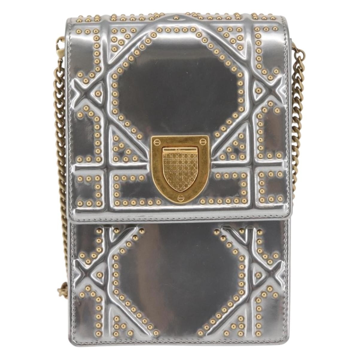 Christian Dior Ultra Matte Diorama Vertical Clutch on Chain Studded Leather, SILVER, PATENT_LEATHER, Clutche & pouche