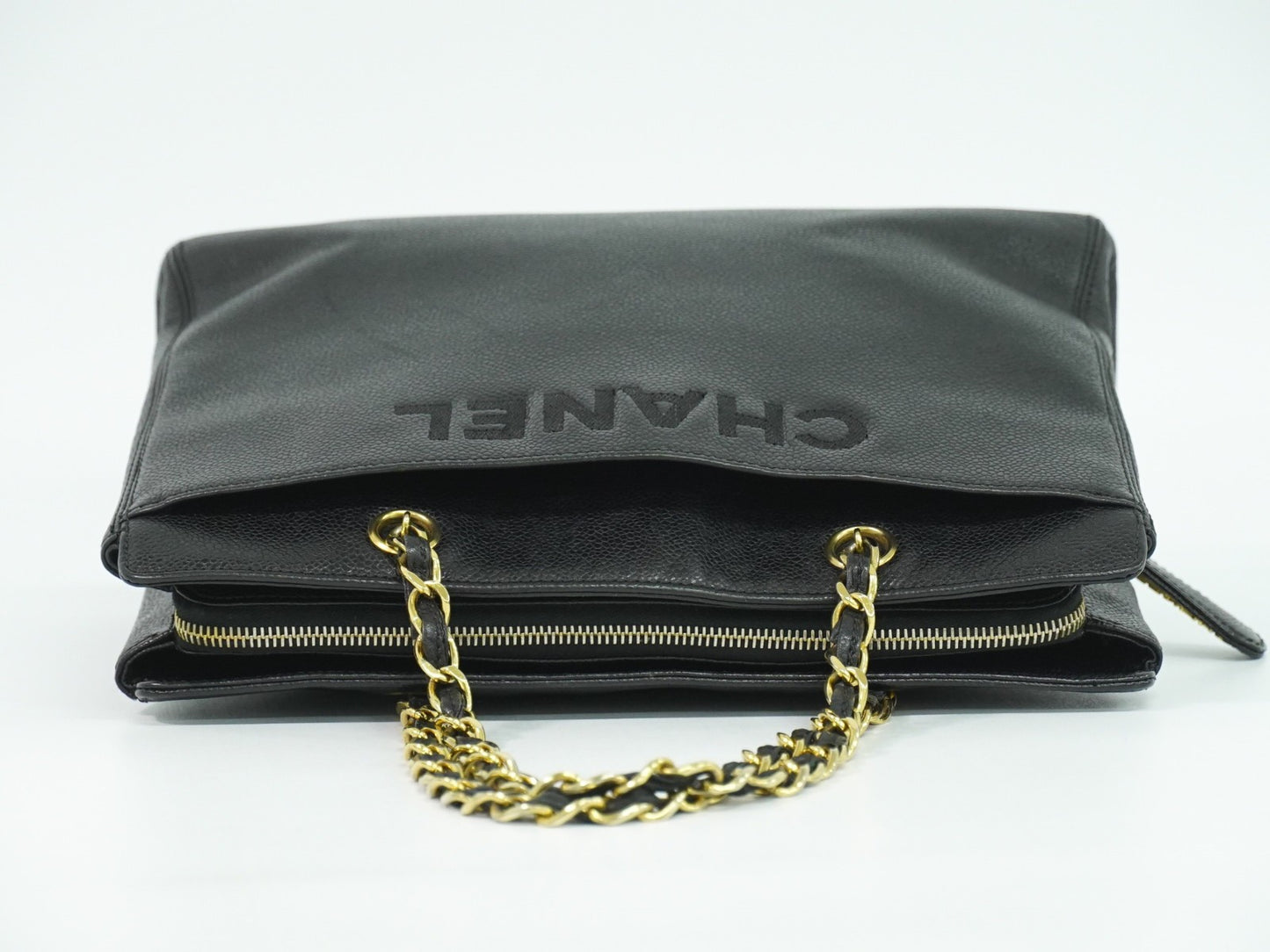 Chanel Vintage Logo Chain Tote Caviar, BLACK, LEATHER, Tote bag