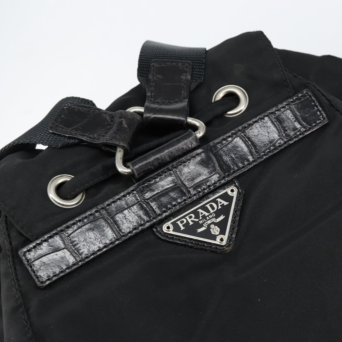 Prada Cinch Buckle Flap Backpack Tessuto with Crocodile Embossed Leather, BLACK, NYLON, Backpack