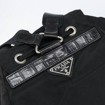 Prada Cinch Buckle Flap Backpack Tessuto with Crocodile Embossed Leather, BLACK, NYLON, Backpack