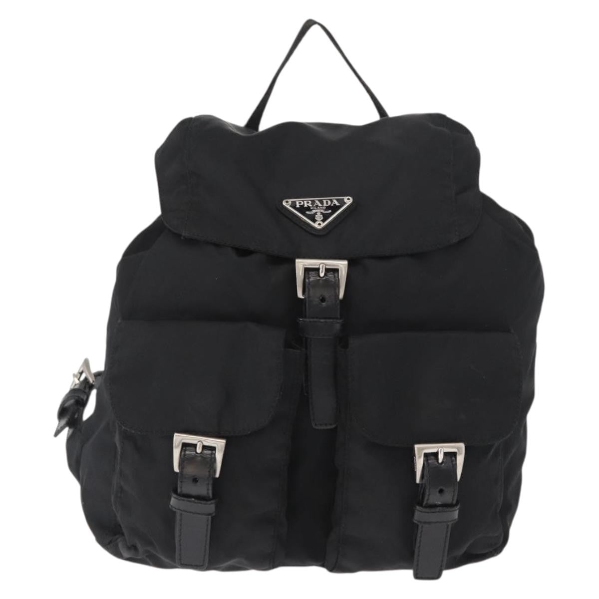 Prada Vela Double Front Pocket Backpack Tessuto with Saffiano Leather, BLACK, NYLON, Backpack