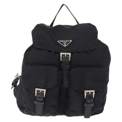 Prada Vela Double Front Pocket Backpack Tessuto with Saffiano Leather, BLACK, NYLON, Backpack