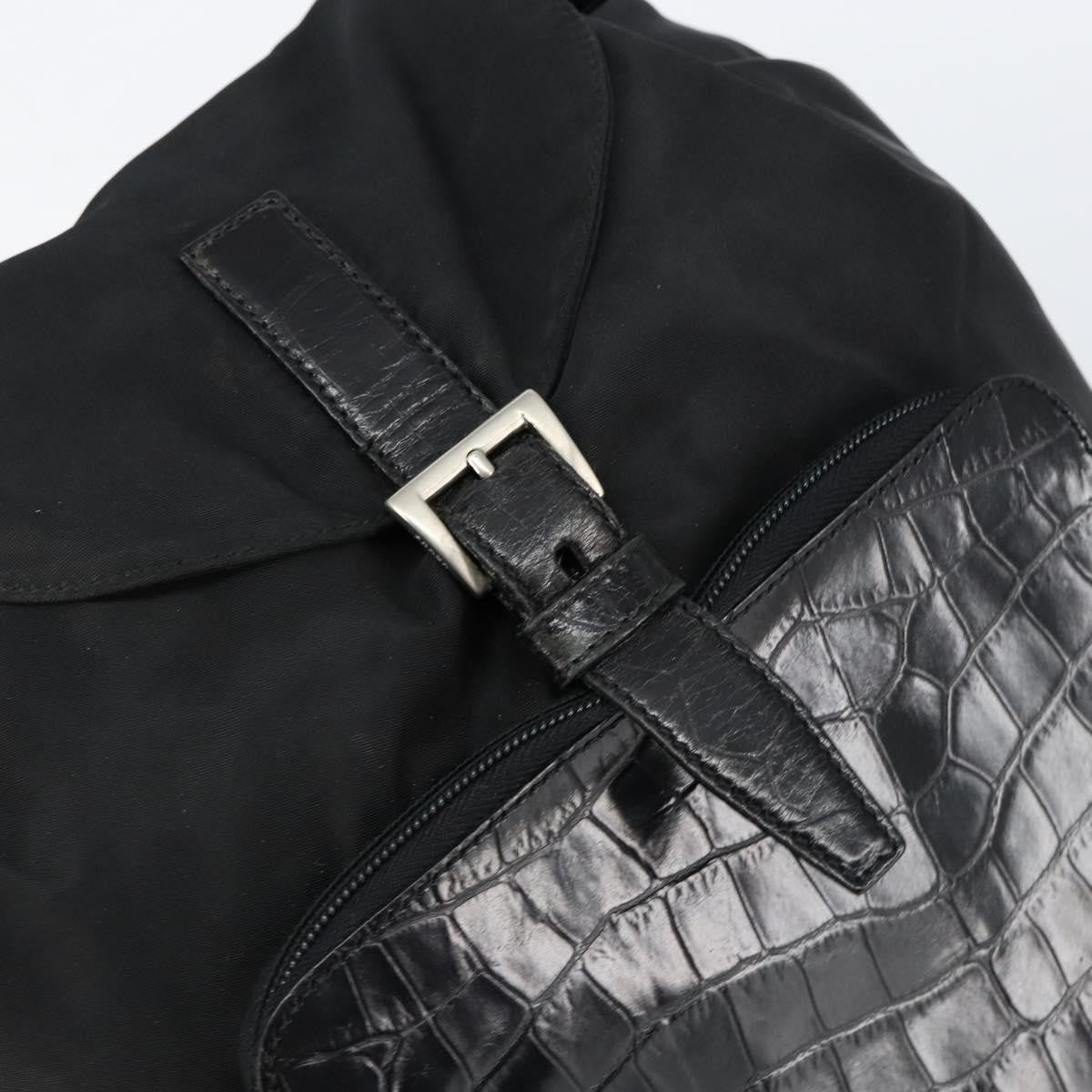 Prada Cinch Buckle Flap Backpack Tessuto with Crocodile Embossed Leather, BLACK, NYLON, Backpack