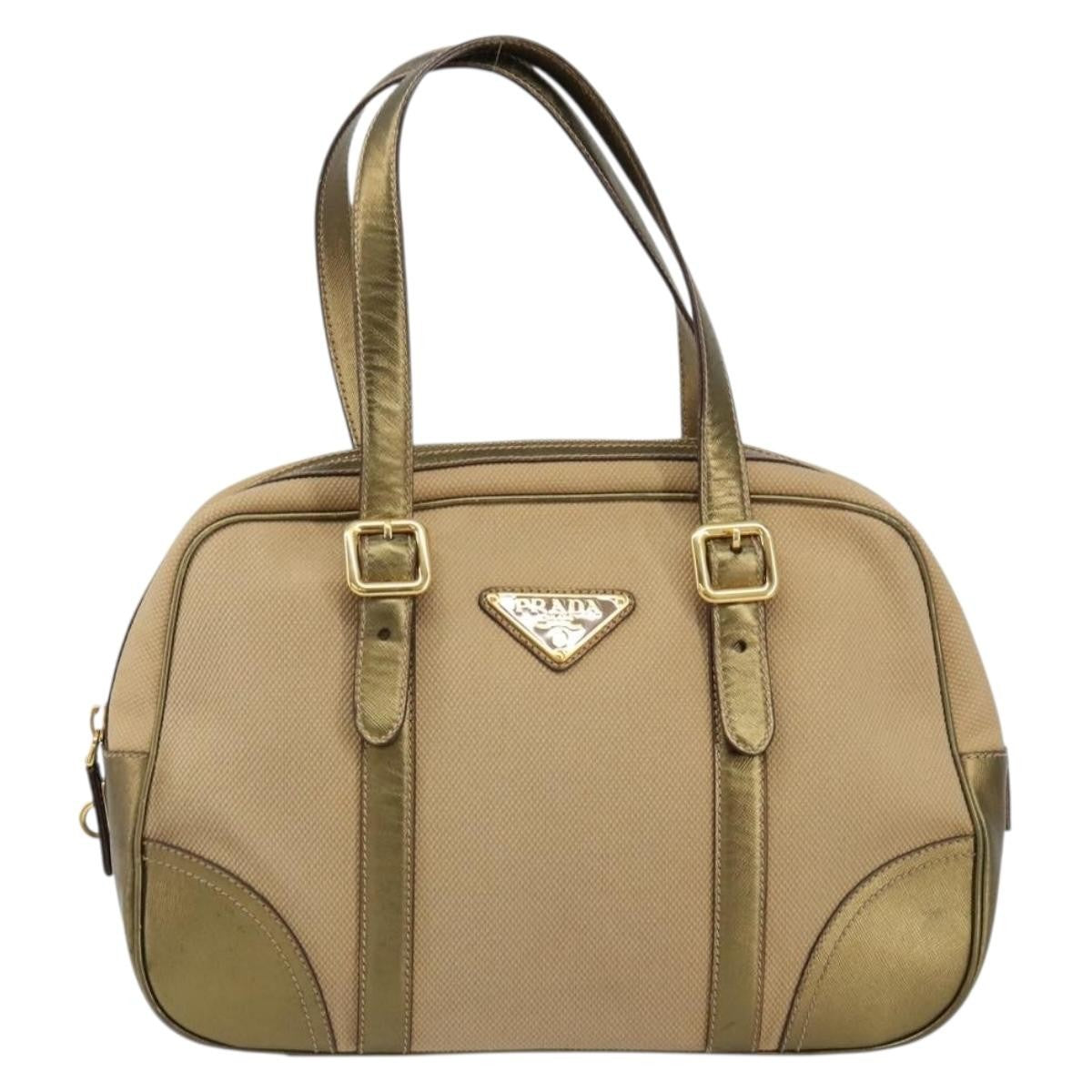 Prada Bowler Bag Canvas with Leather, BEIGE, CANVAS, Handbag