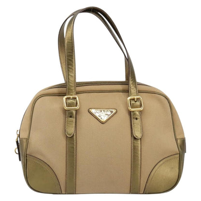 Prada Bowler Bag Canvas with Leather, BEIGE, CANVAS, Handbag