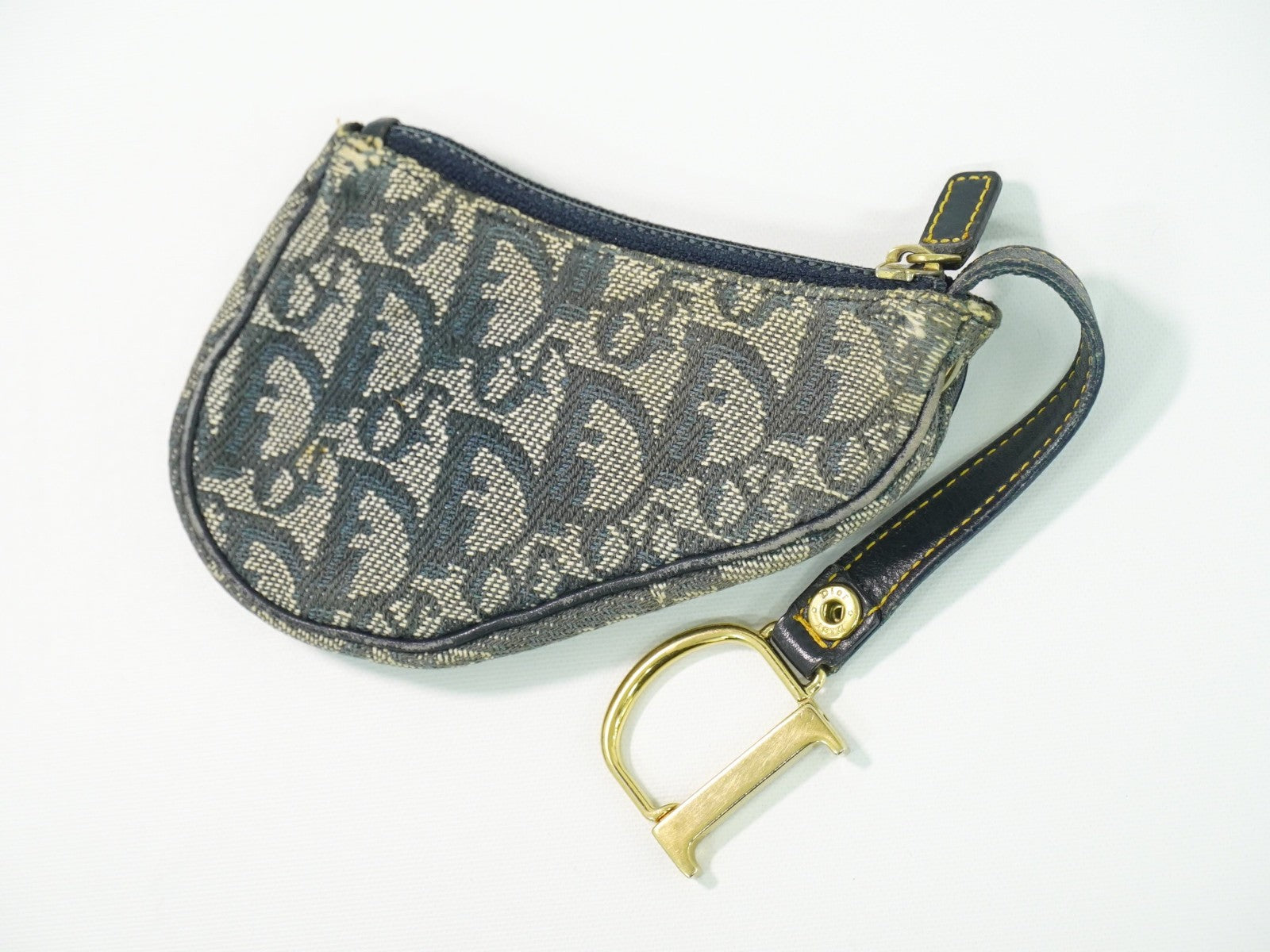 Christian Dior Vintage Saddle Zip Coin Purse Diorissimo Canvas, NAVY, CANVAS, Clutche & pouche