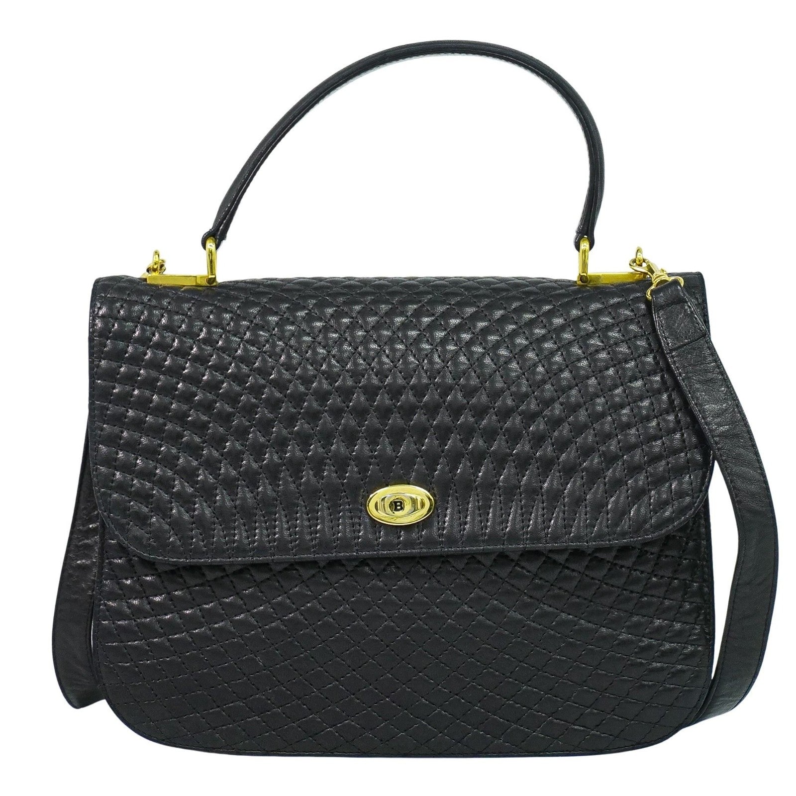 Bally Vintage Handbag Quilted Leather, BLACK, LEATHER, Handbag