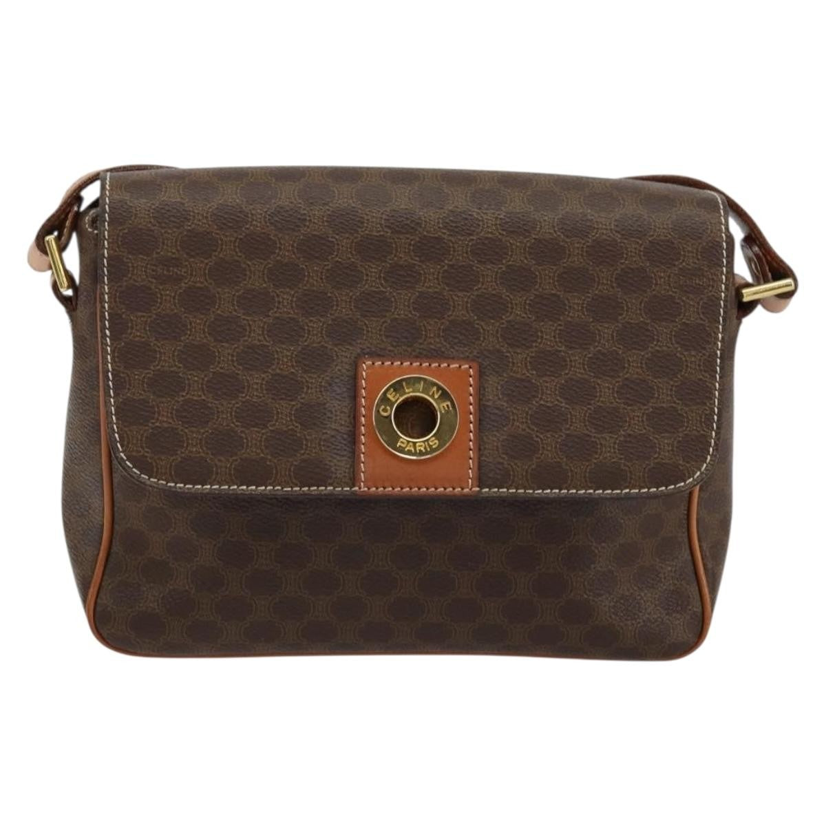 Celine Vintage Macadam Circle Logo Shoulder Bag Canvas and Leather, BROWN, CANVAS, Shoulder bag